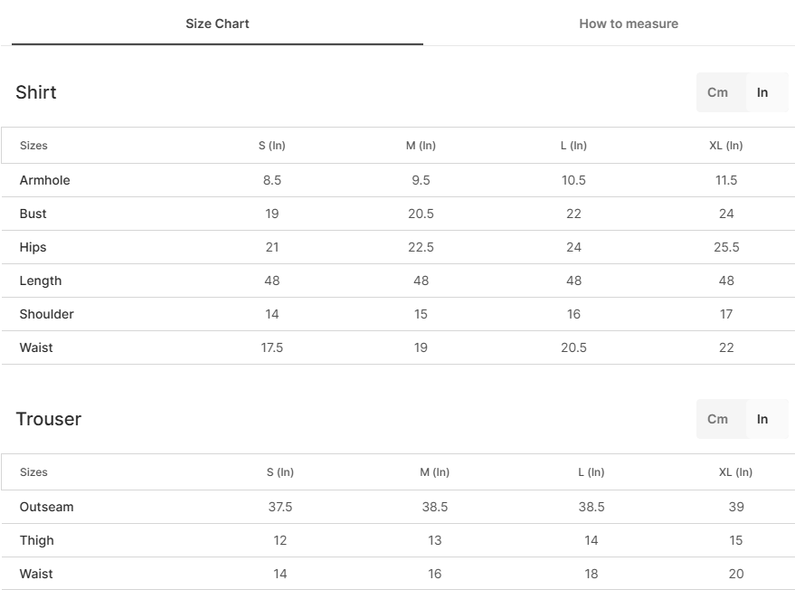 Size chart for Gulreza PInk