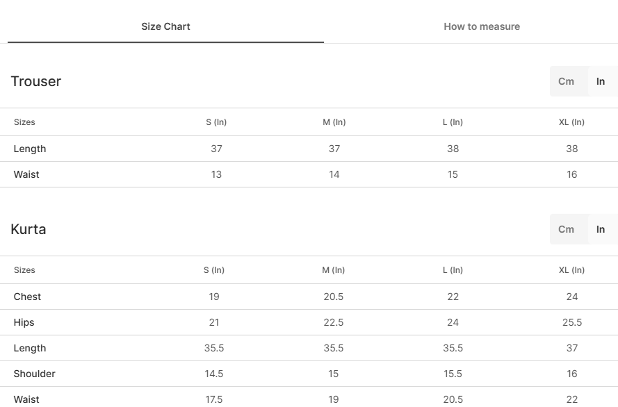 Size chart for Gulziba