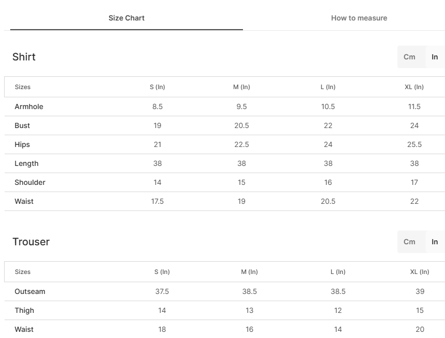 Size chart for Hadiqa