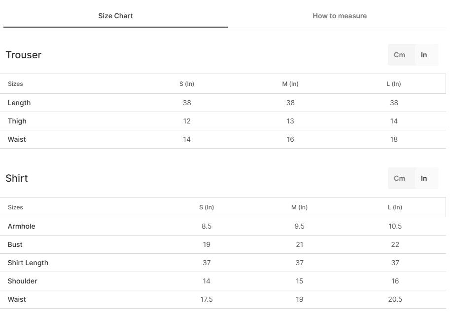 Size chart for Haneen