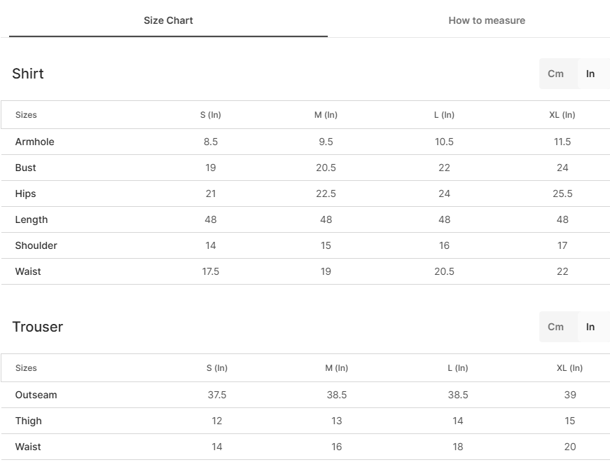 Size chart for Hasi