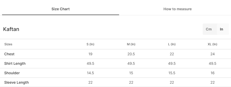 Size chart for Heeriye