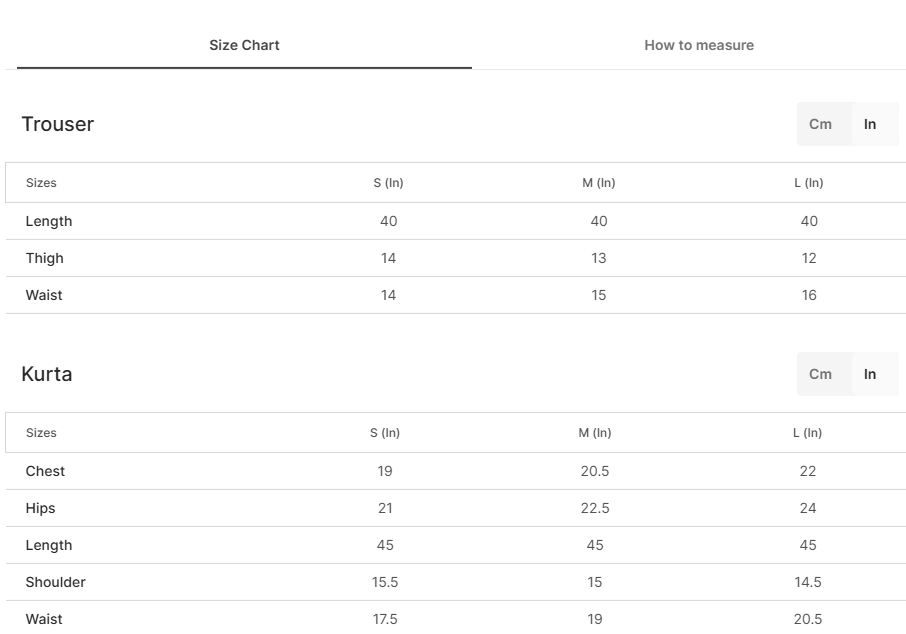 Size chart for Huda Black