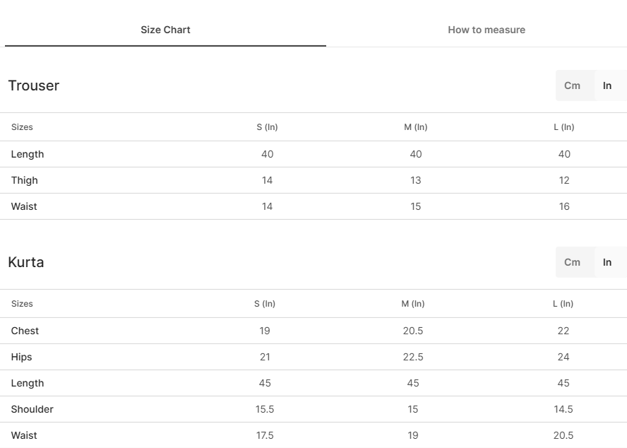 Size chart for Humnawah Pista
