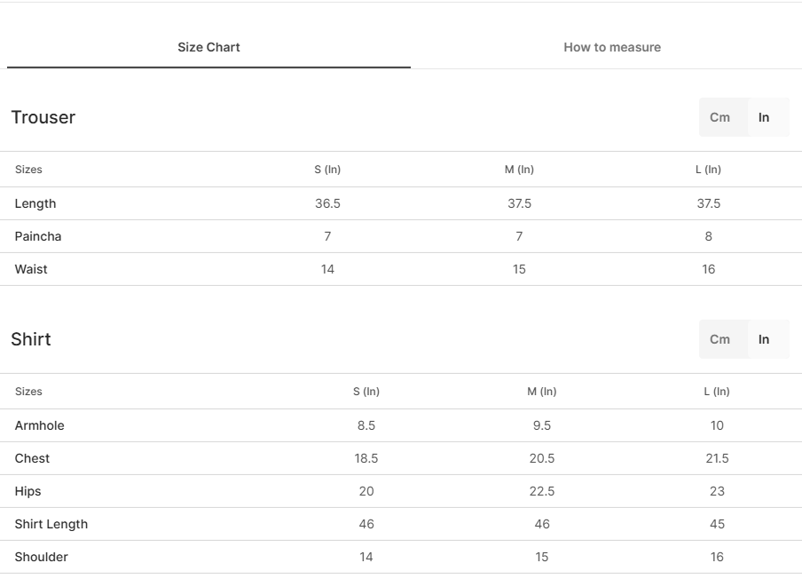 Size chart for Ibisco