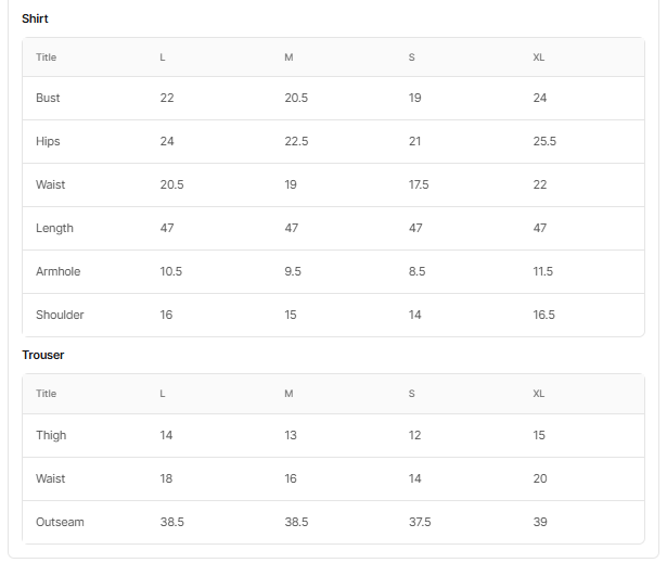 Size chart for Inara