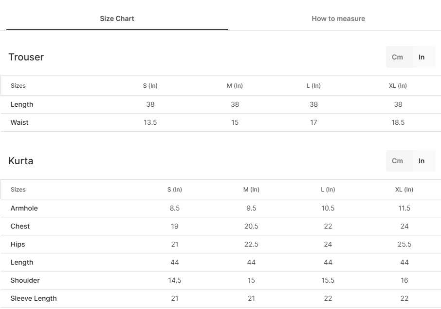 Size chart for Jannat Skin