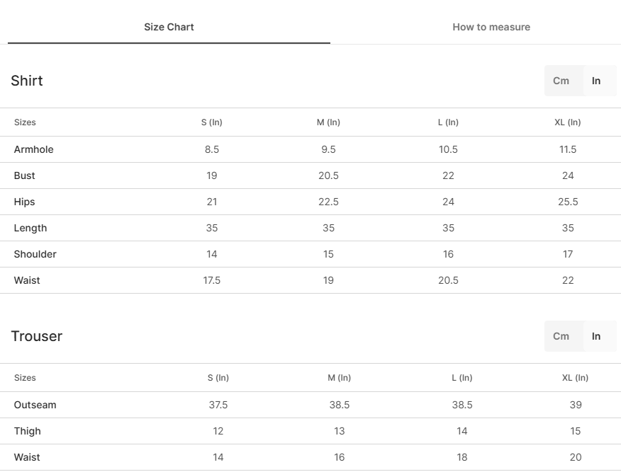Size chart for Jiya Pista