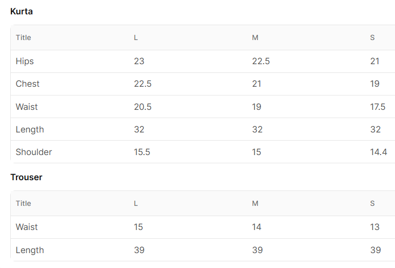 Size chart for jugni