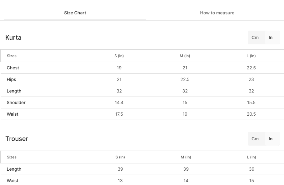 Size chart for Jugni