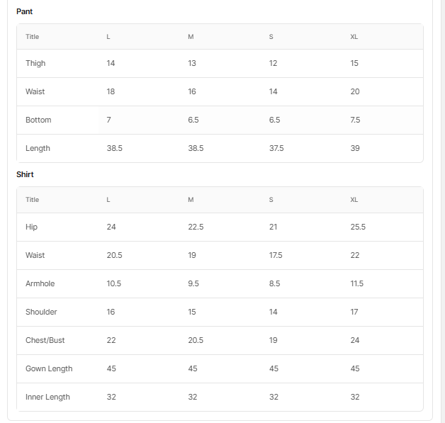 Size chart for Kajal