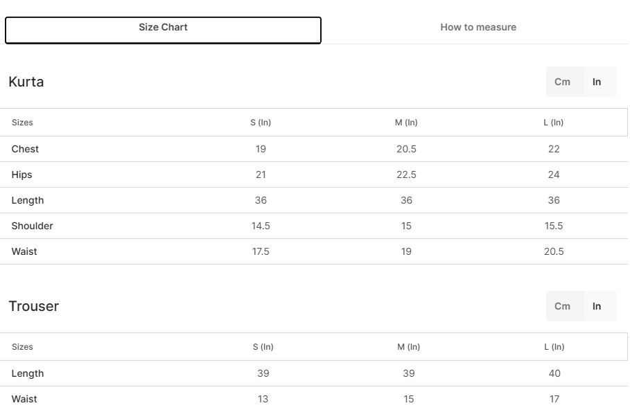 Size chart for Kashful