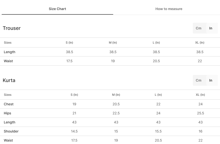 Size chart for Keshma