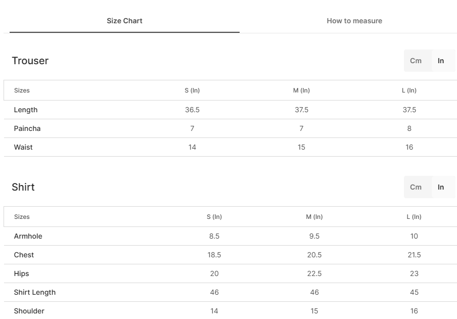 Size chart for Khay