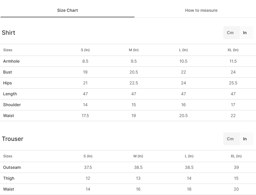 Size chart for Khoobsurat Black