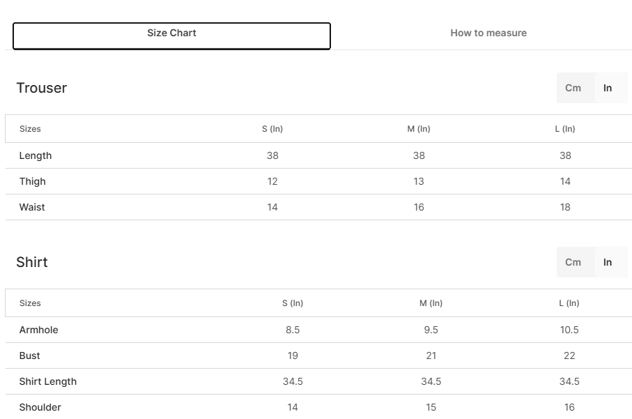Size chart for Koh E Noor Red