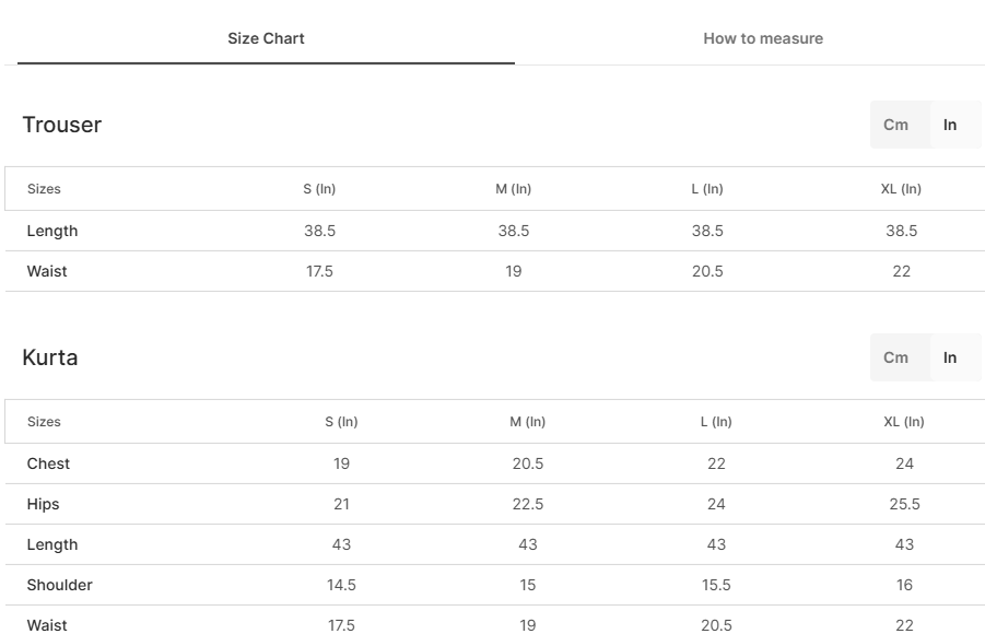 Size chart for Kriti - White