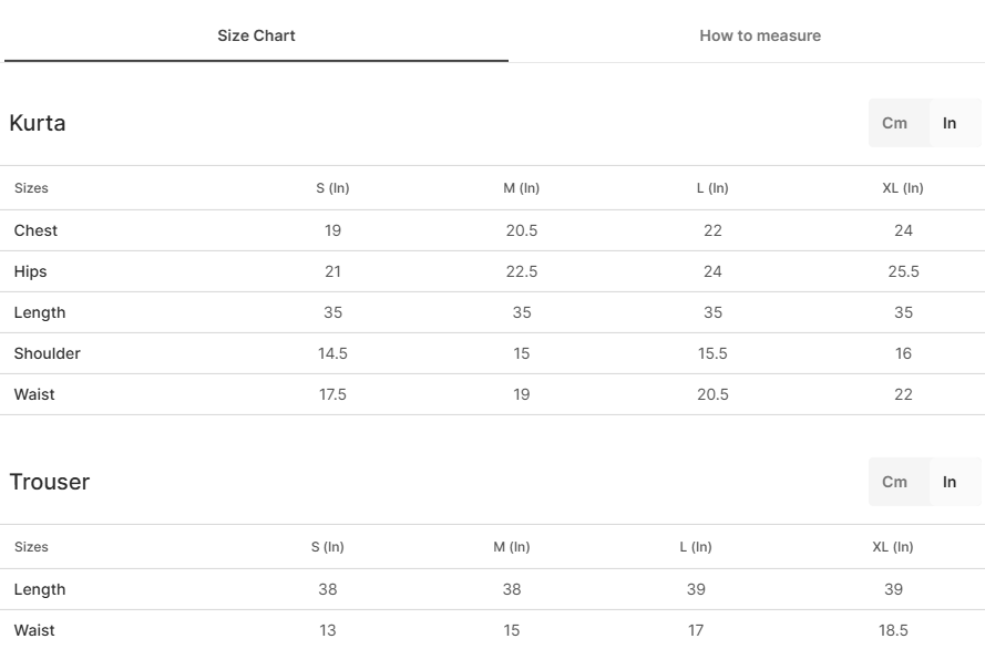 Size chart for Laham