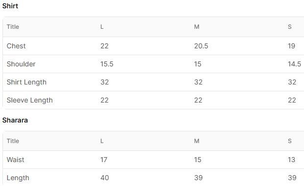 Size chart for Lalezar