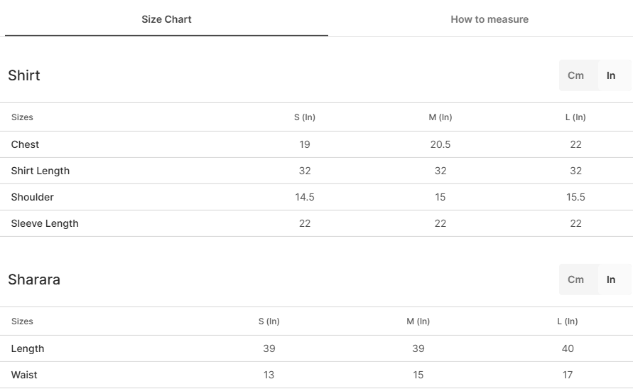 Size chart for Lalezar