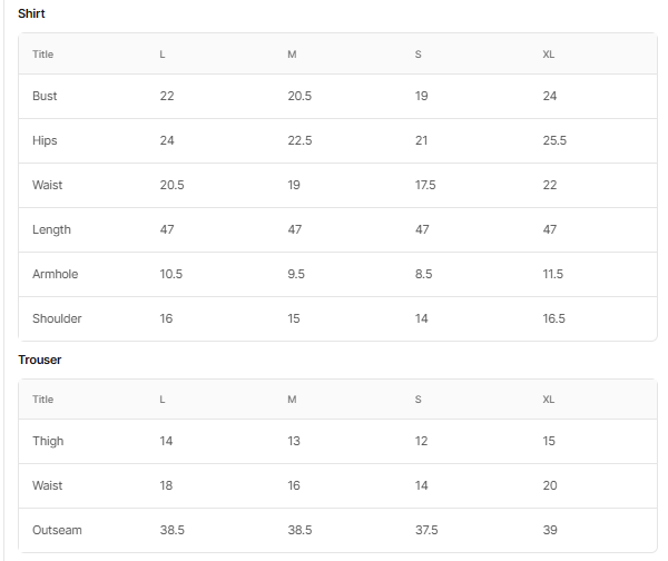 Size chart for Lavish (Ivory)