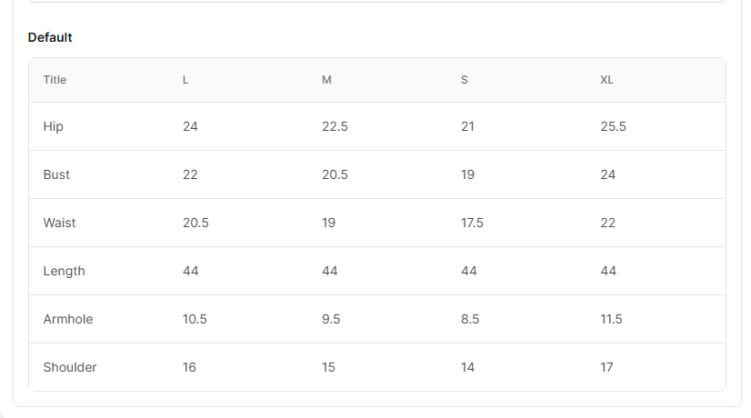 Size chart for Lavreen Zinc