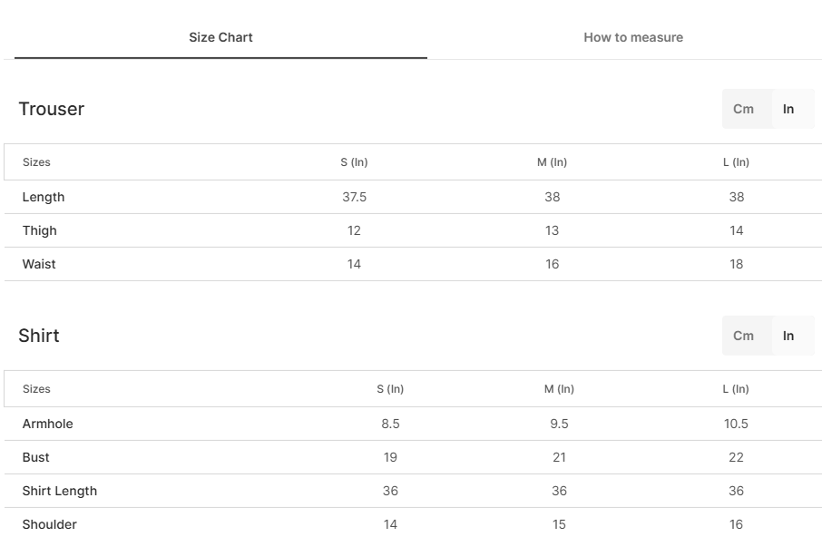 Size chart for Leafline Black