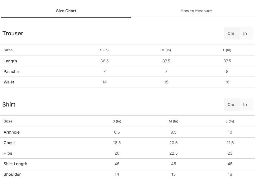 Size chart for Leora