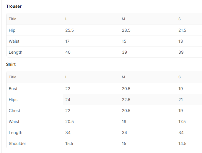 Size chart for Lexina Yellow