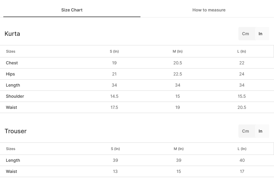 Size chart for Lexina