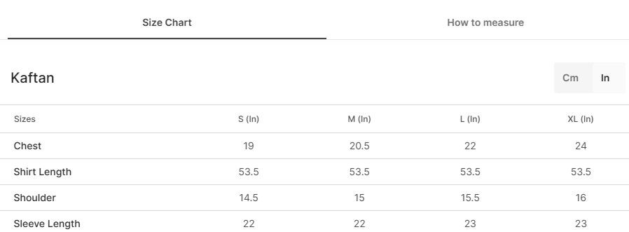 Size chart for Lumiere