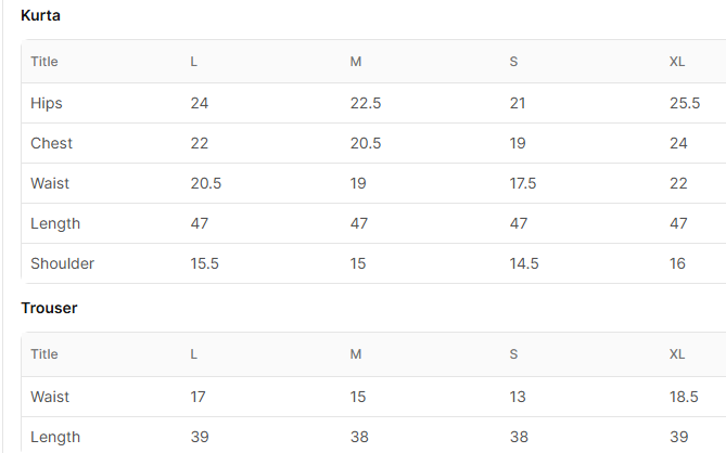 Size chart for Luminous - Gray
