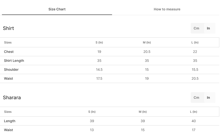 Size chart for Maha