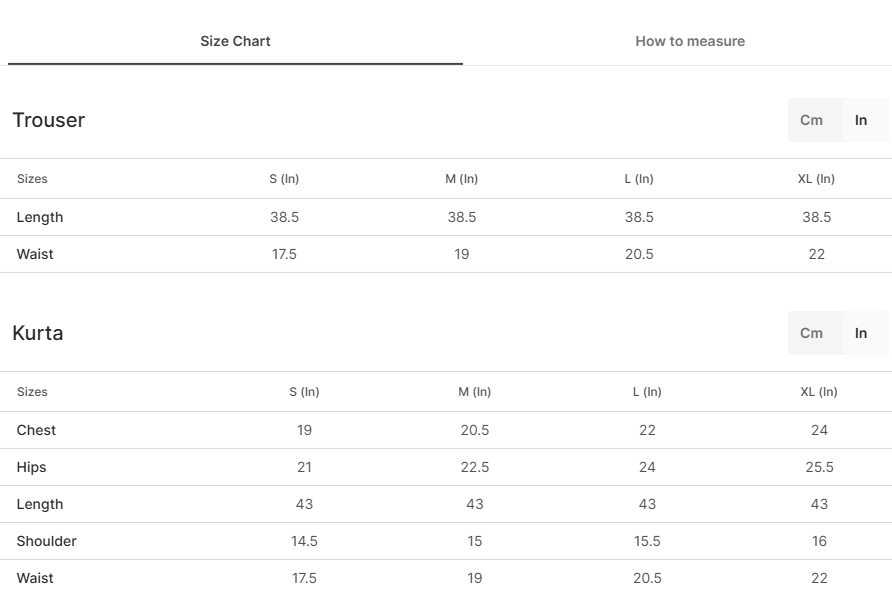 Size chart for Maham - Aqua