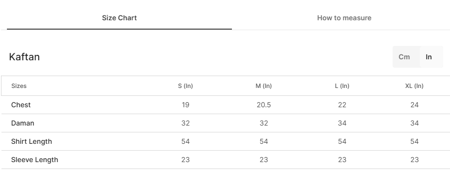 Size chart for Mahora