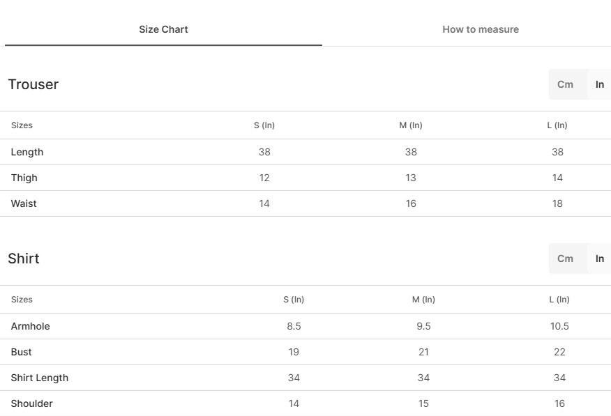 Size chart for Majesty Off white