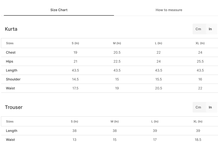 Size chart for Marasim - Skin