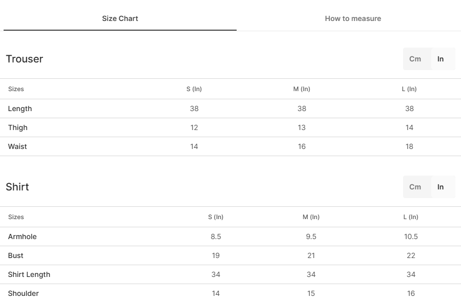 Size chart for Marigold Black