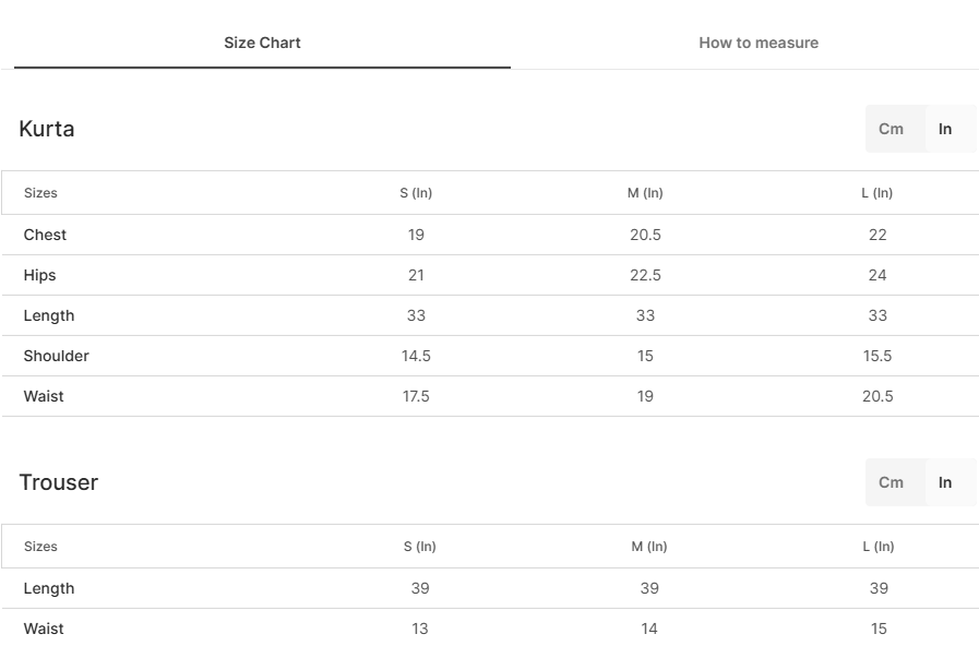 Size chart for Marjan Lilac