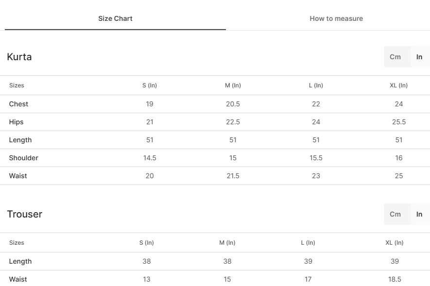 Size chart for Marrakesh