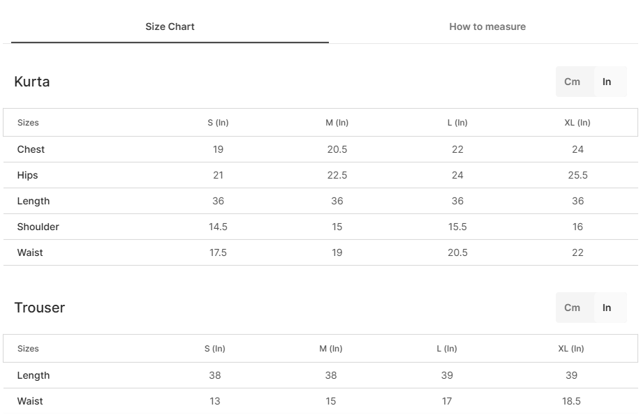 Size chart for Martina