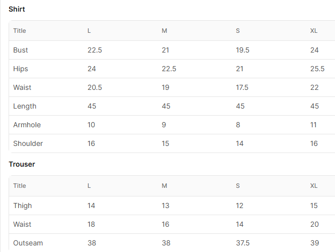 Size chart for Marwah