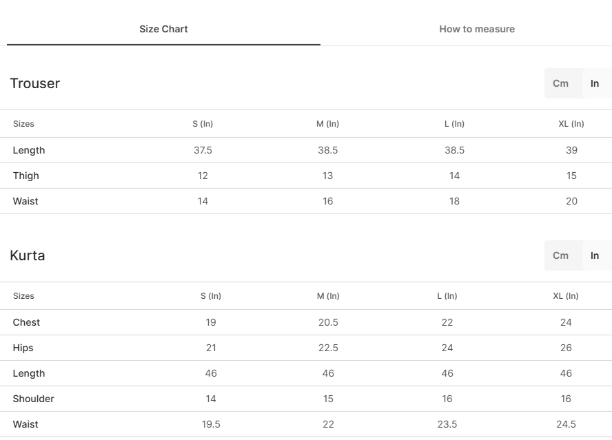 Size chart for Mashal