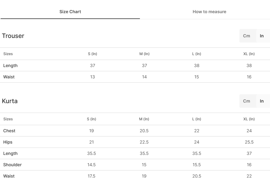 Size chart for Maysa
