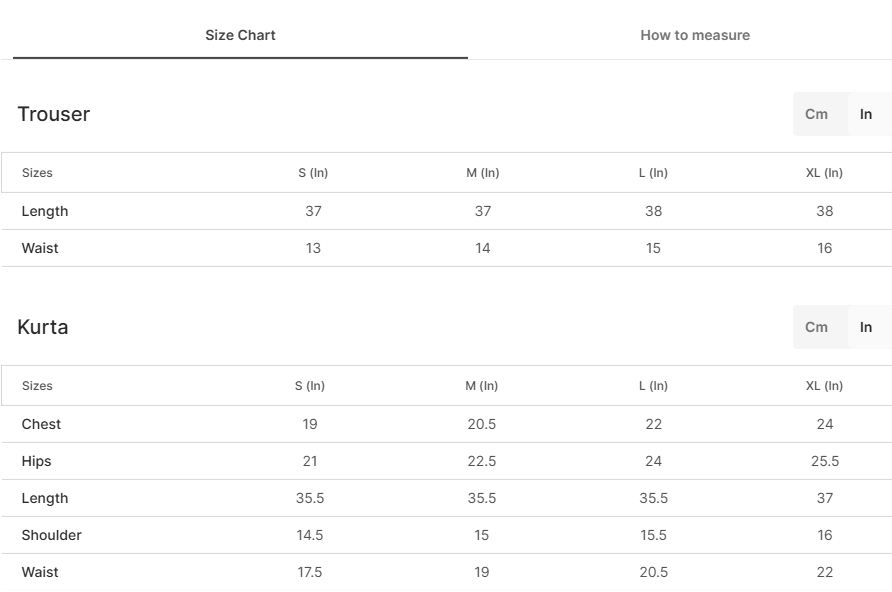 Size chart for Maysa