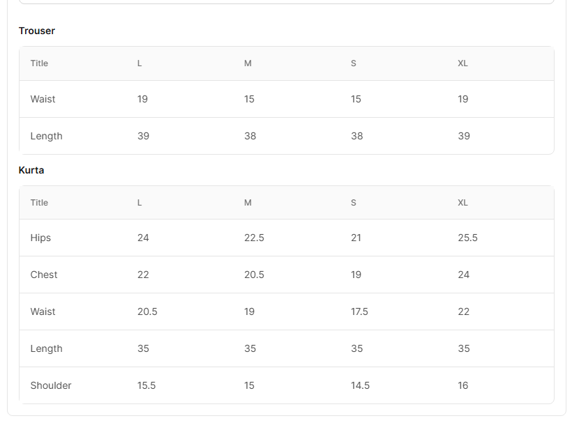 Size chart for Meerub Skin