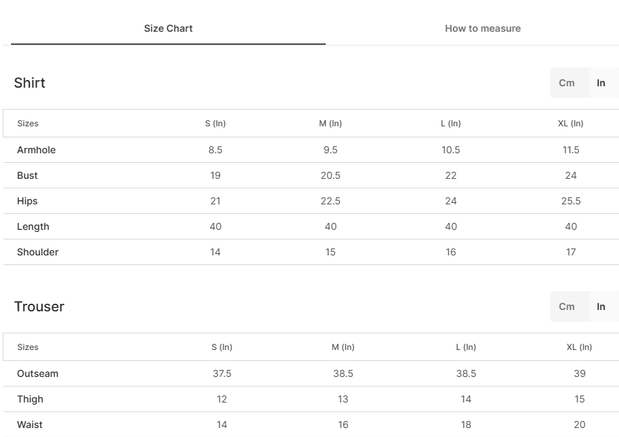 Size chart for Mehrang