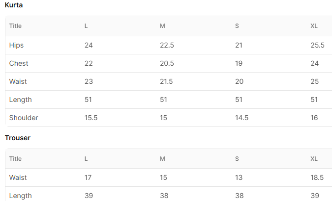 Size chart for Mehrdaar