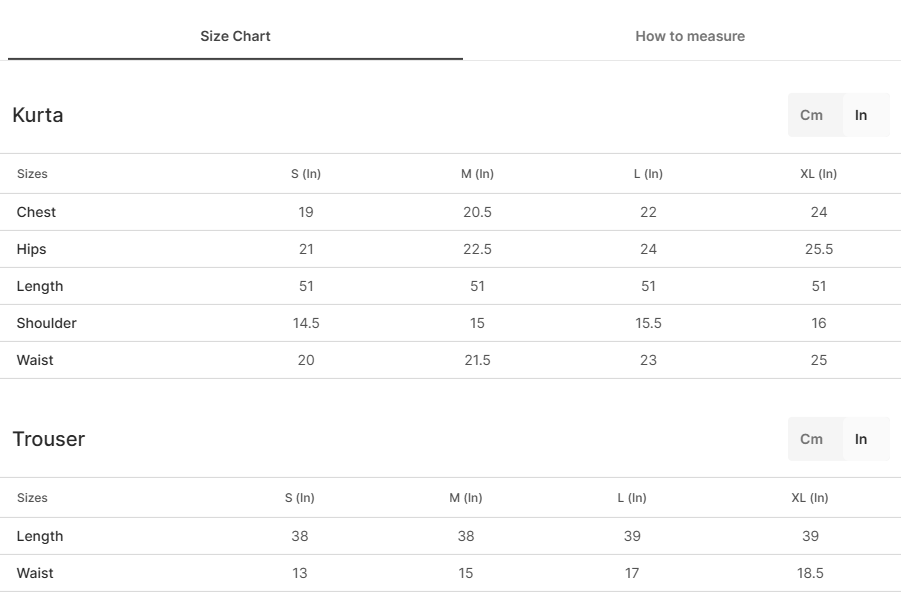Size chart for Mehrdaar