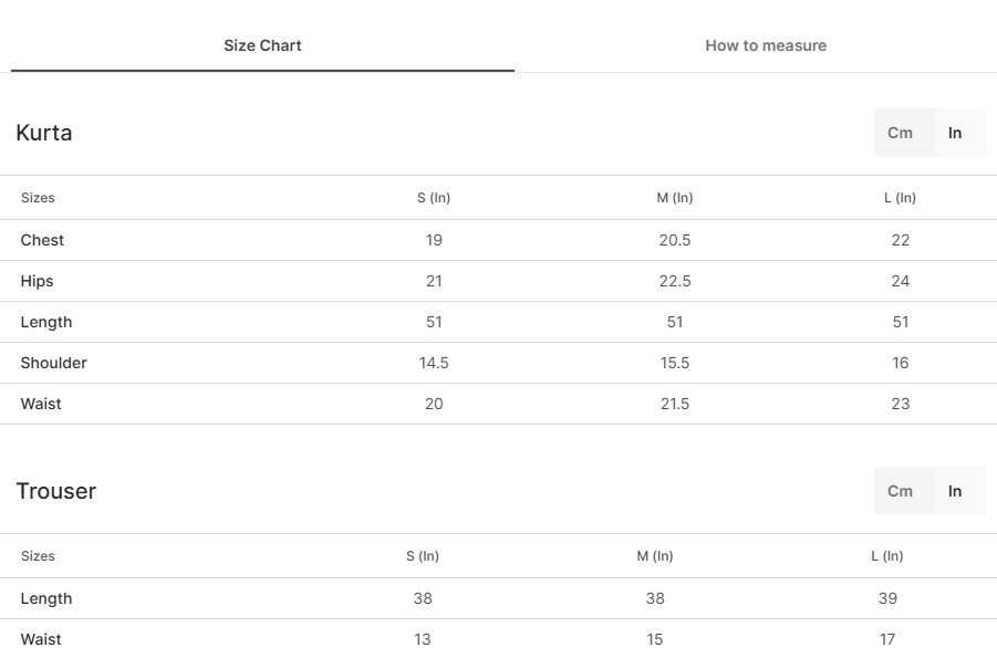 Size chart for Mehrgoon